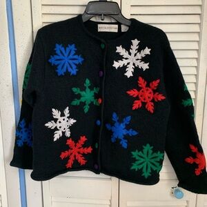 Marisa Christina Black 100% Wool Cardigan with Colorful Snowflakes